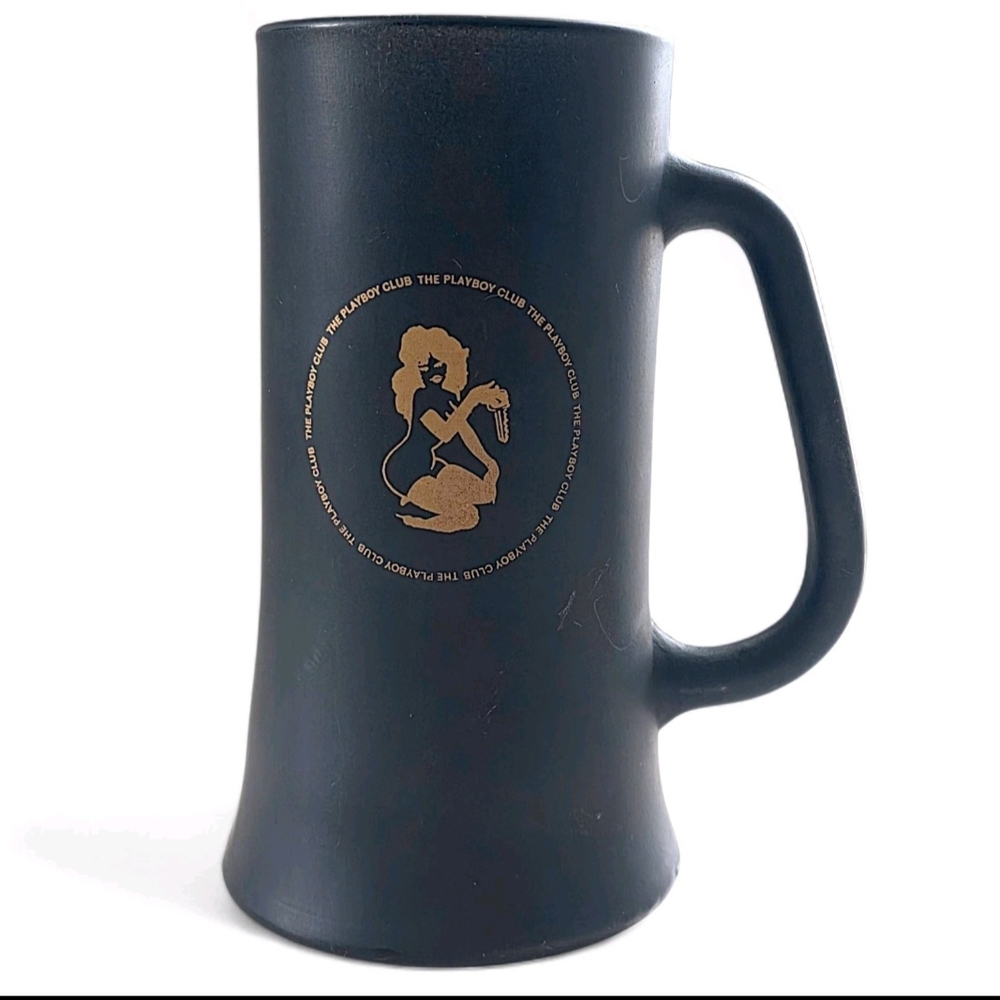 PLAYBOY Black Ceramic Beer Stein with Gold Bunny Logo 1960's Vintage Barware